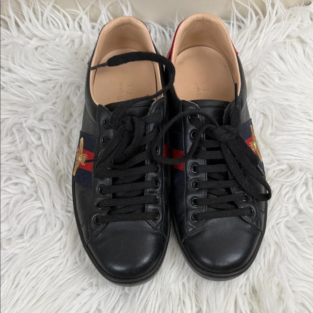 GUCCI ACE Black Sneakers with Red and Gold Accents bee 5 - Picture 2 of 16